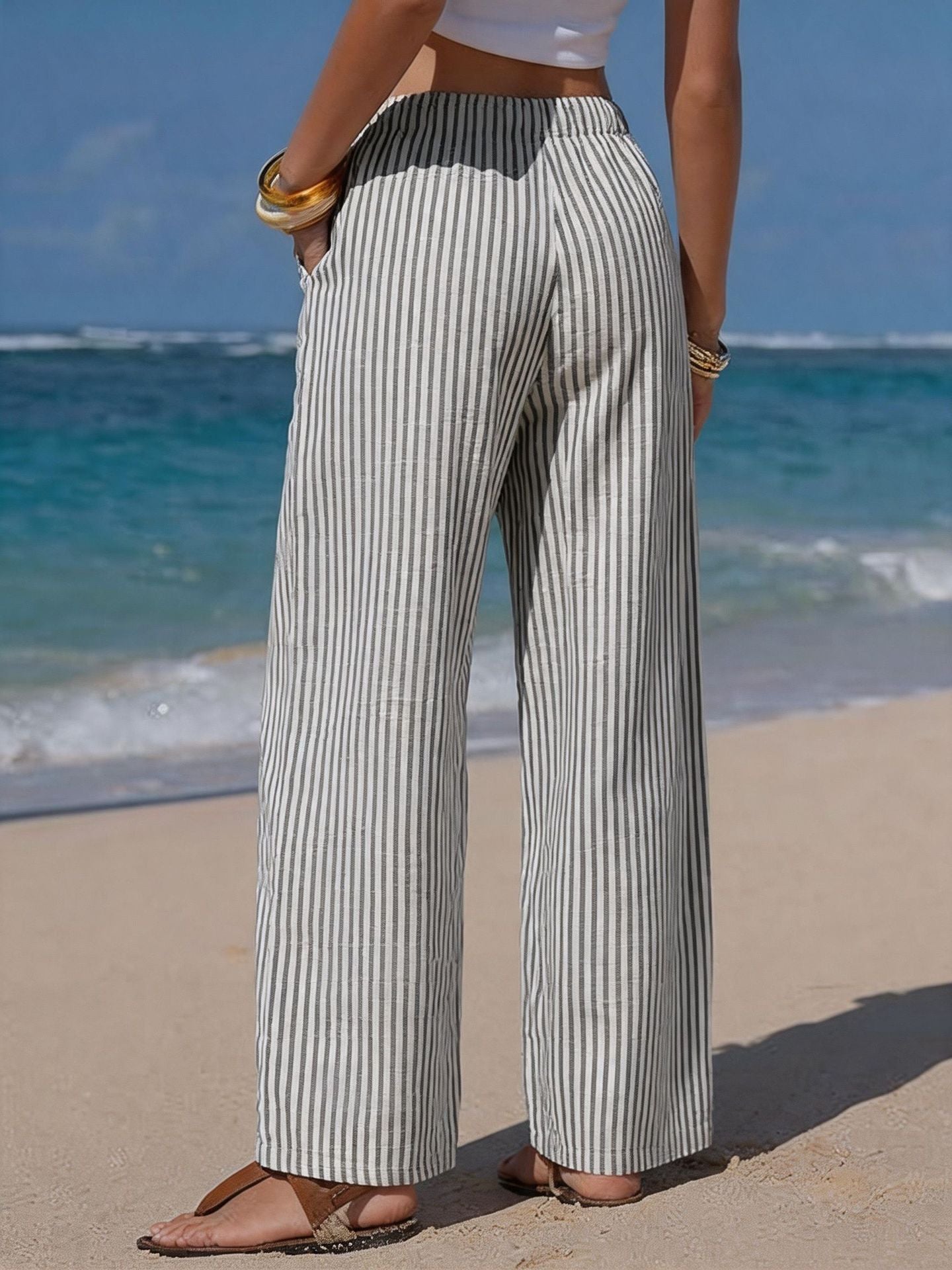 Women's Striped Linen Wide Leg Pants Drawstring Beach