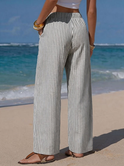 Women's Striped Linen Wide Leg Pants Drawstring Beach