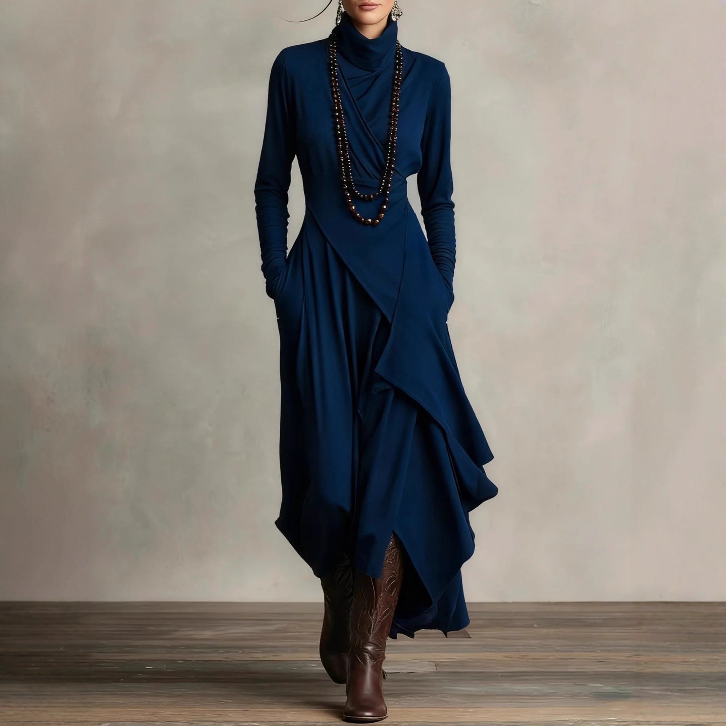 Women's Turtleneck Long Sleeve Asymmetric Midi Dress