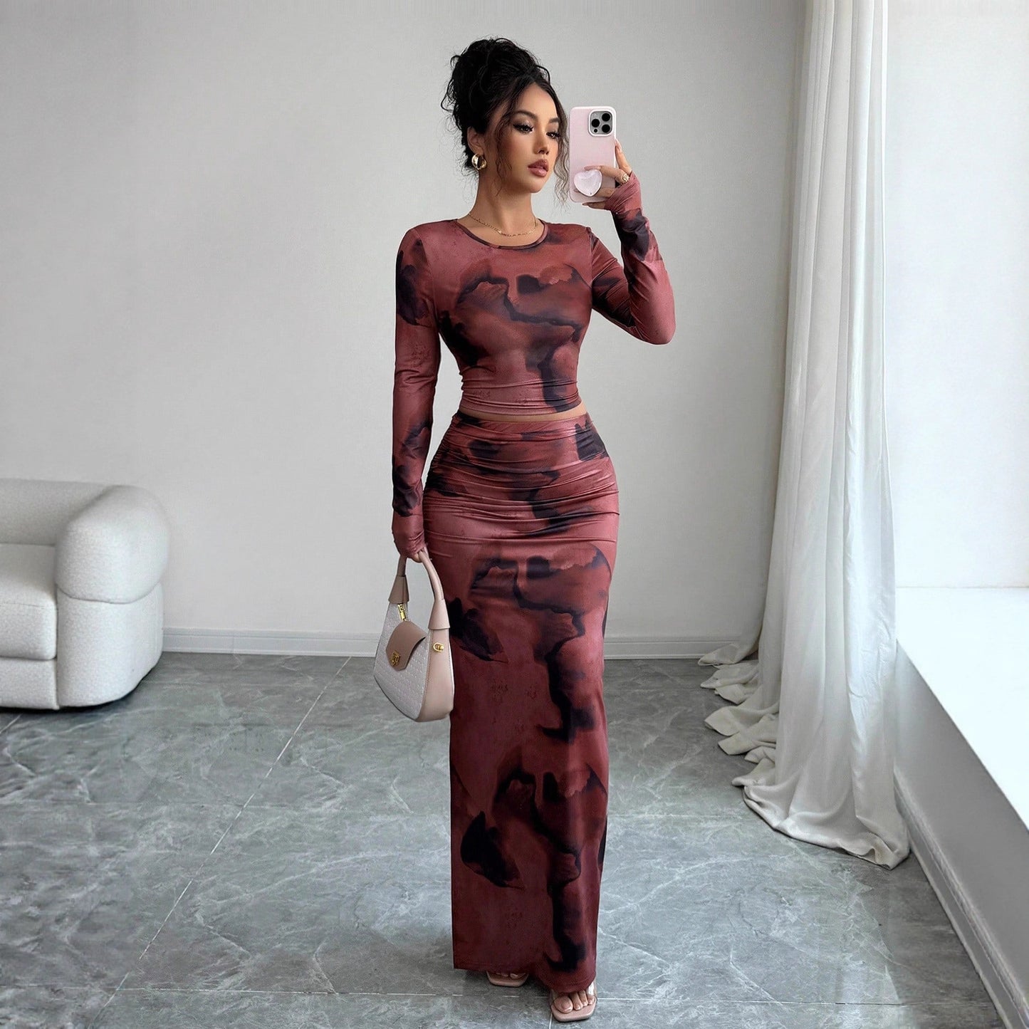 Tie Dye Mesh Two Piece Set Crop Top Bodycon Skirt