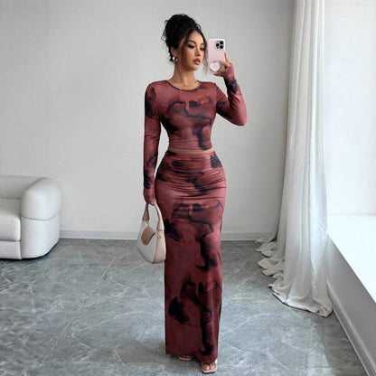 Tie Dye Mesh Two Piece Set Crop Top Bodycon Skirt