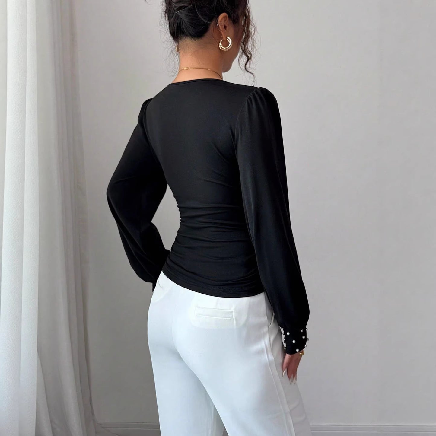 Black Pearl Studded V-Neck Long Sleeve Slim Fit Top Women
