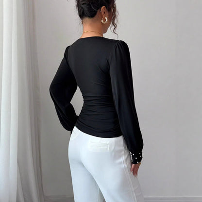 Black Pearl Studded V-Neck Long Sleeve Slim Fit Top Women