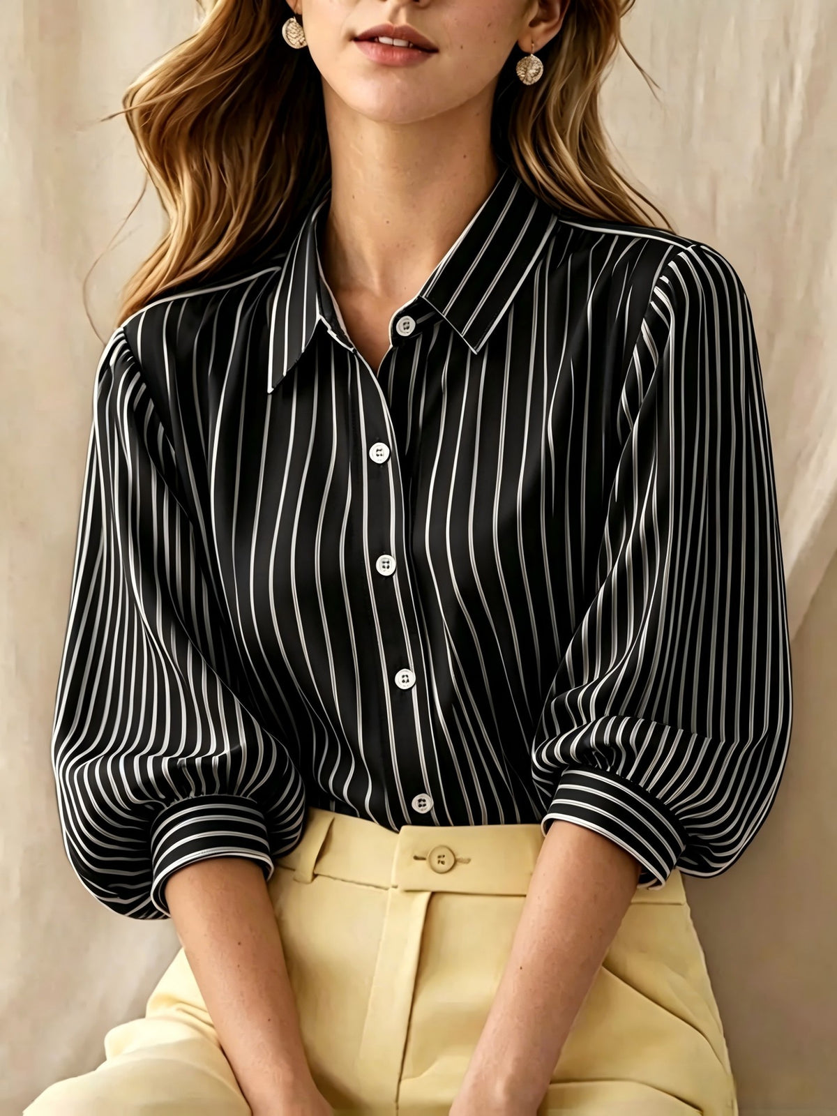Striped Puff Sleeve Collared Workwear Blouse