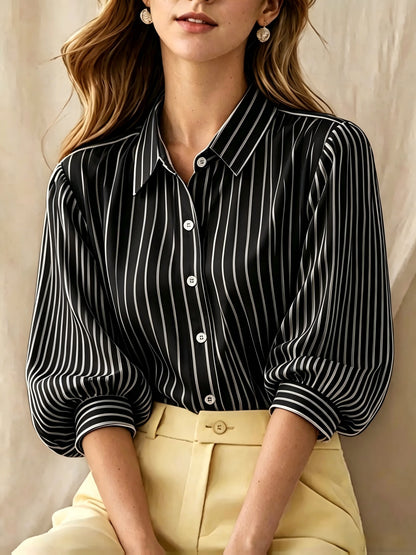 Striped Puff Sleeve Collared Workwear Blouse