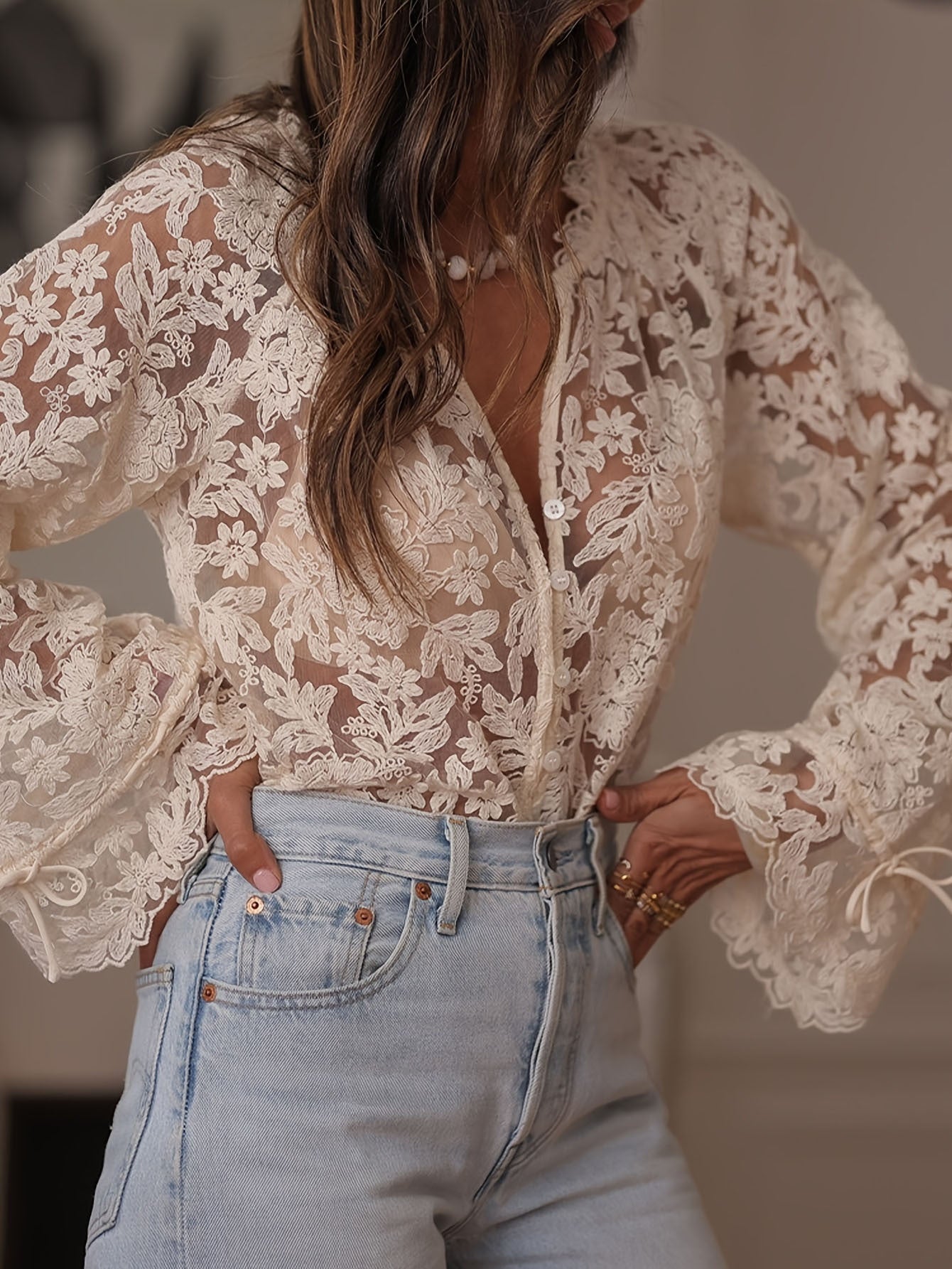 Women's Sheer Floral Lace Blouse Button Up Tie Sleeve