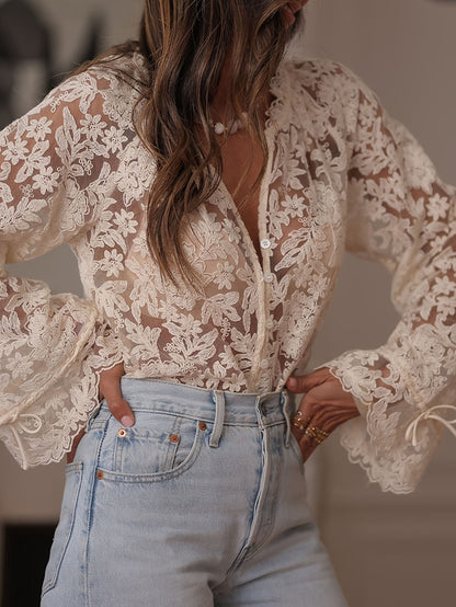 Women's Sheer Floral Lace Blouse Button Up Tie Sleeve