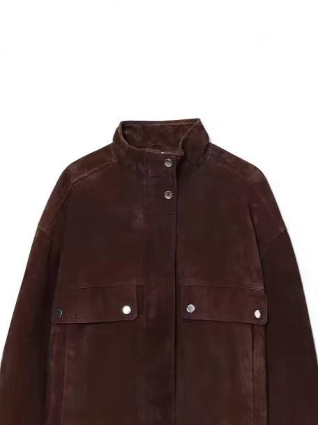 Women Vintage Brown Faux Suede Cropped Bomber Jacket