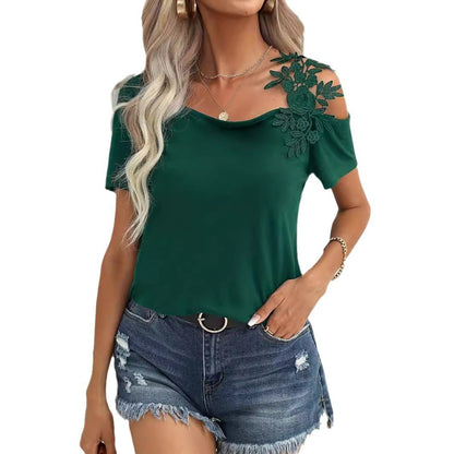 Women's Summer Solid Color Lace Splicing T-Shirt Top
