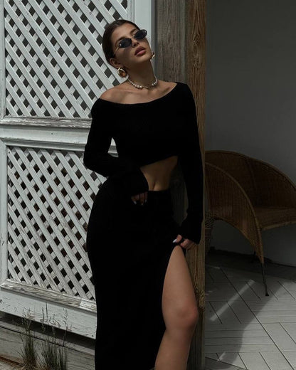 Cable Knit Two Piece Crop Top Slit Maxi Skirt