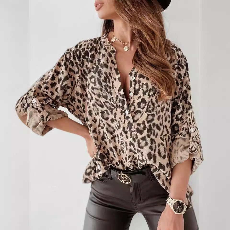 Women's Leopard Print Long Sleeve Button Down Blouse