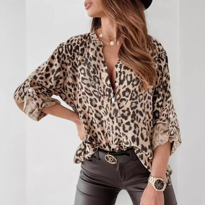 Women's Leopard Print Long Sleeve Button Down Blouse