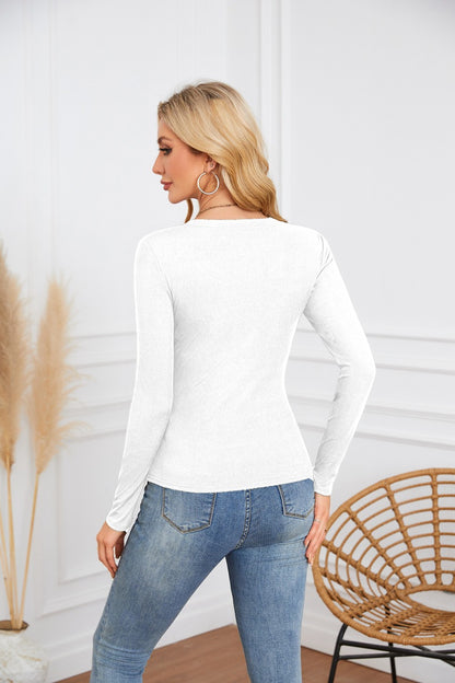 Ribbed Deep V Neck Slim Fit Long Sleeve Tee