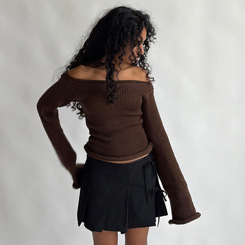 Women's Off Shoulder Ribbed Knit Top Long Sleeve Fitted
