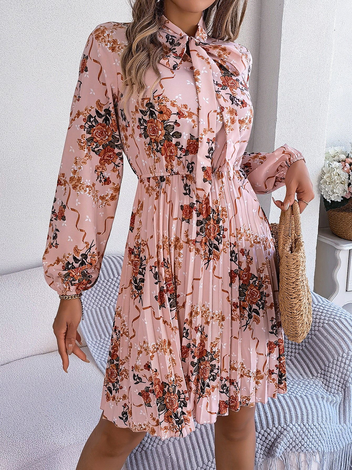 Floral Tie Neck Long Sleeve Pleated Midi Dress