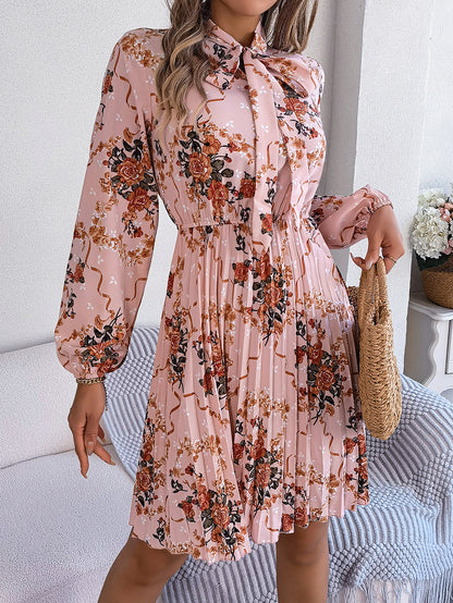 Floral Tie Neck Long Sleeve Pleated Midi Dress