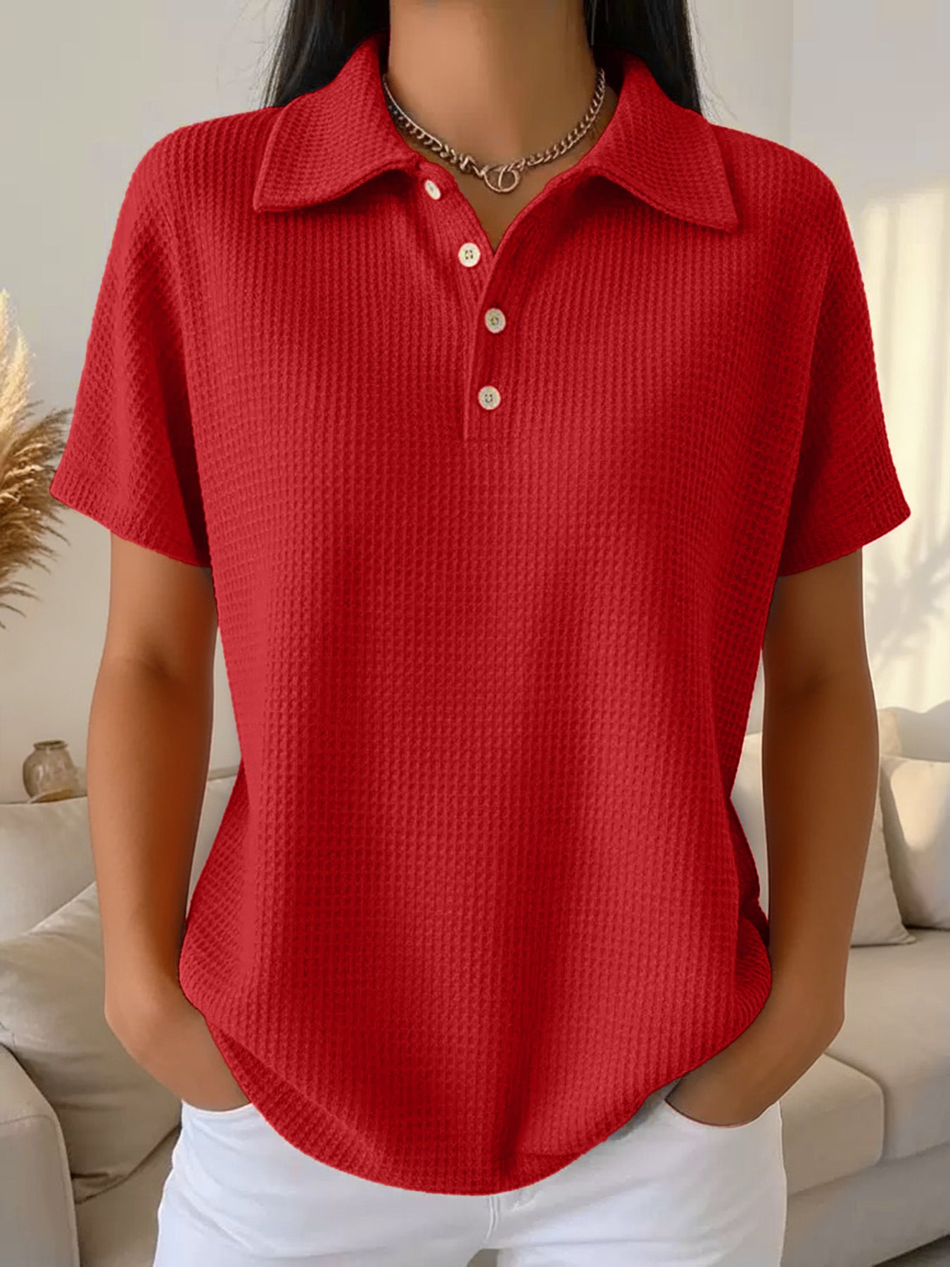 Women's Oversized Waffle Knit Polo Shirt Long Sleeve Top