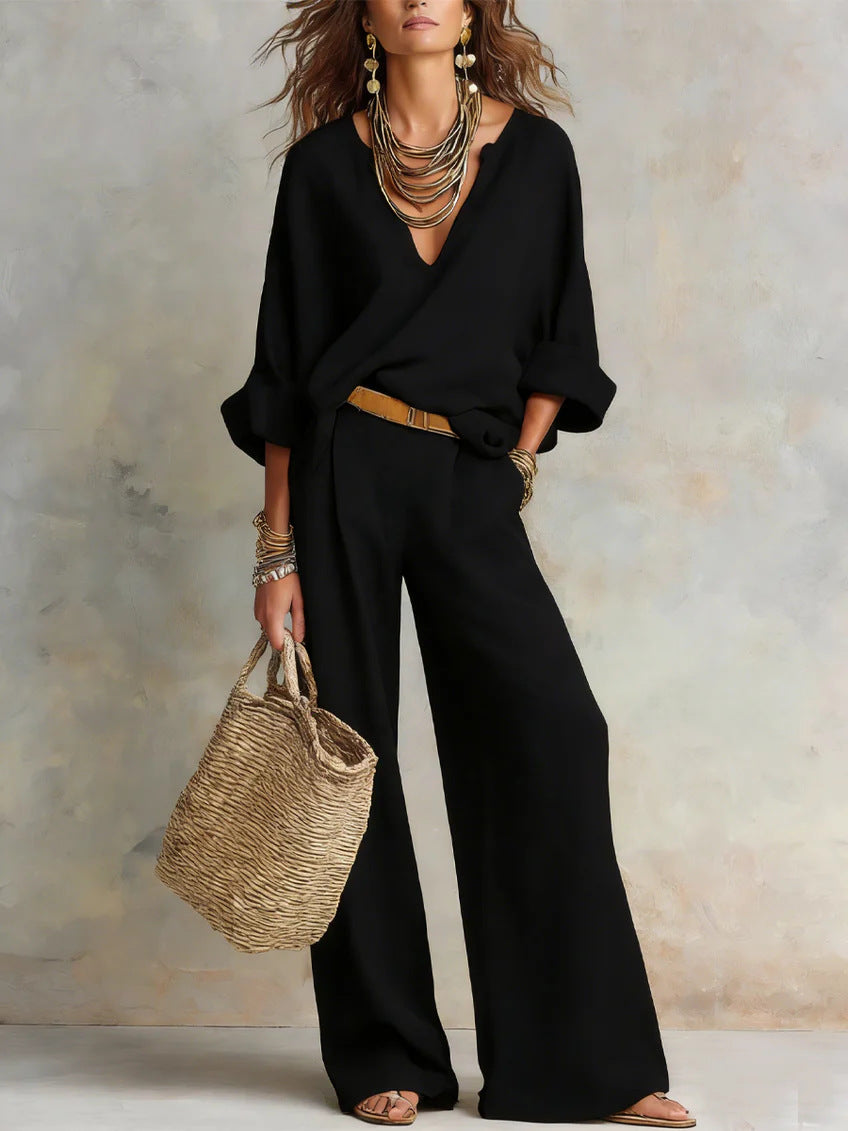 Women's Linen V-Neck Wide Leg Pants Two Piece Set