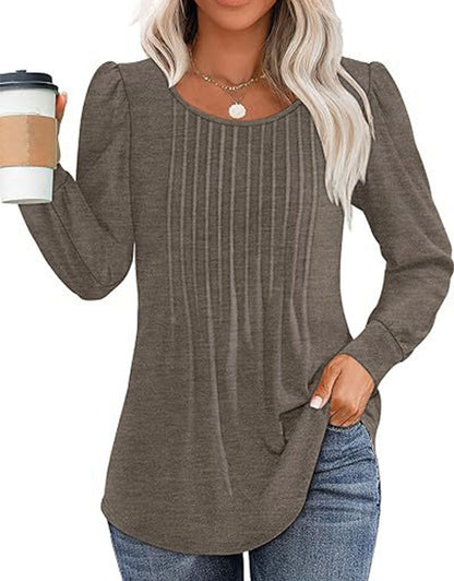 Solid Cotton Pintuck Blouse Long Sleeve Work Top