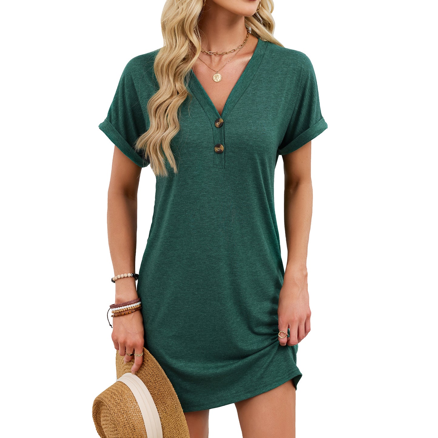 V-Neck Button Short Sleeve Mini Dress for Women