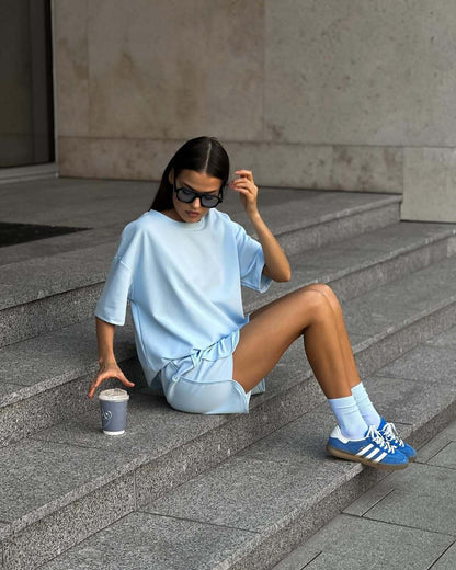 Cotton Two Piece Set T Shirt Shorts Casual Lounge Outfit