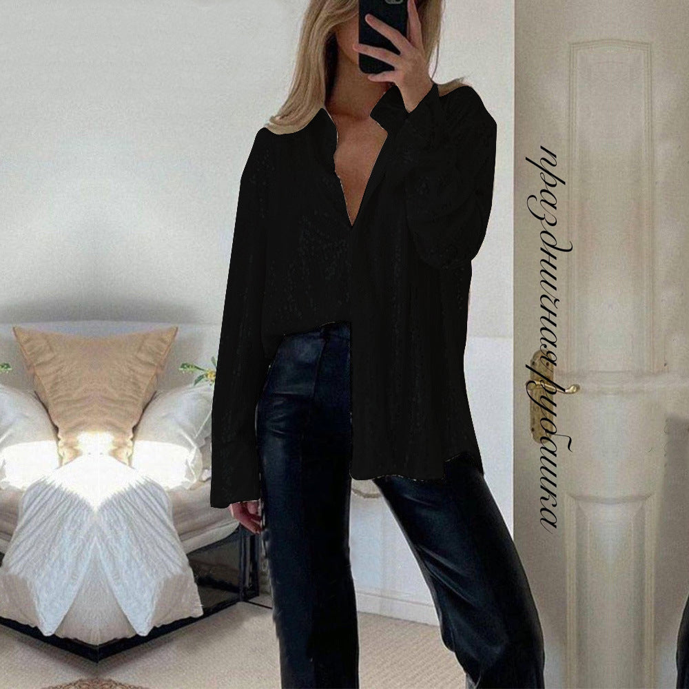 Sequin Collared Long Sleeve Button Down Blouse