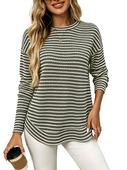 Striped waffle knit tunic top relaxed curved hem