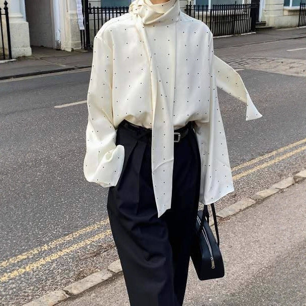 Women's Polka Dot Scarf Neck Blouse Long Sleeve Loose Fit