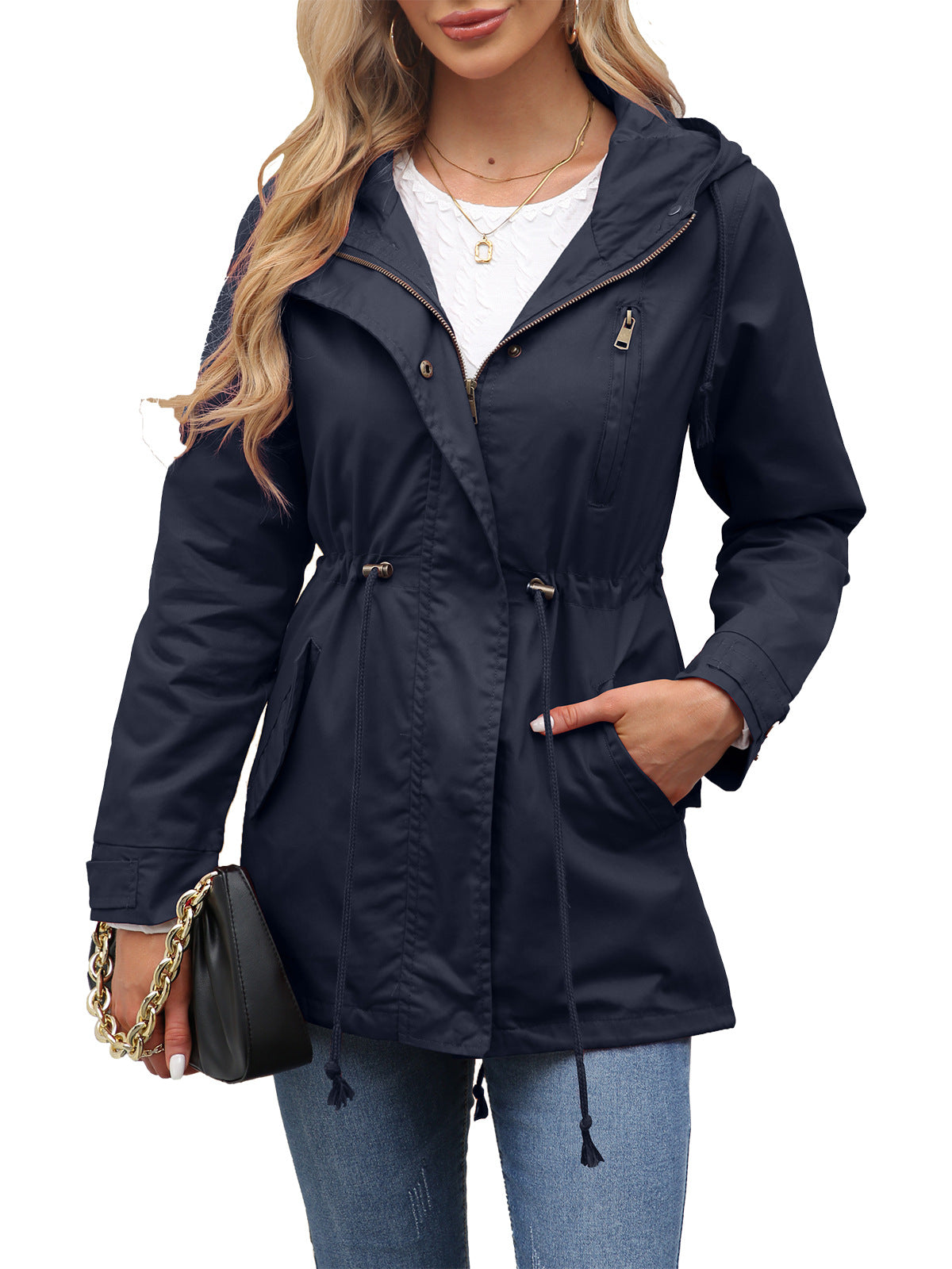 Women's Cotton Hooded Utility Jacket Drawstring Waist