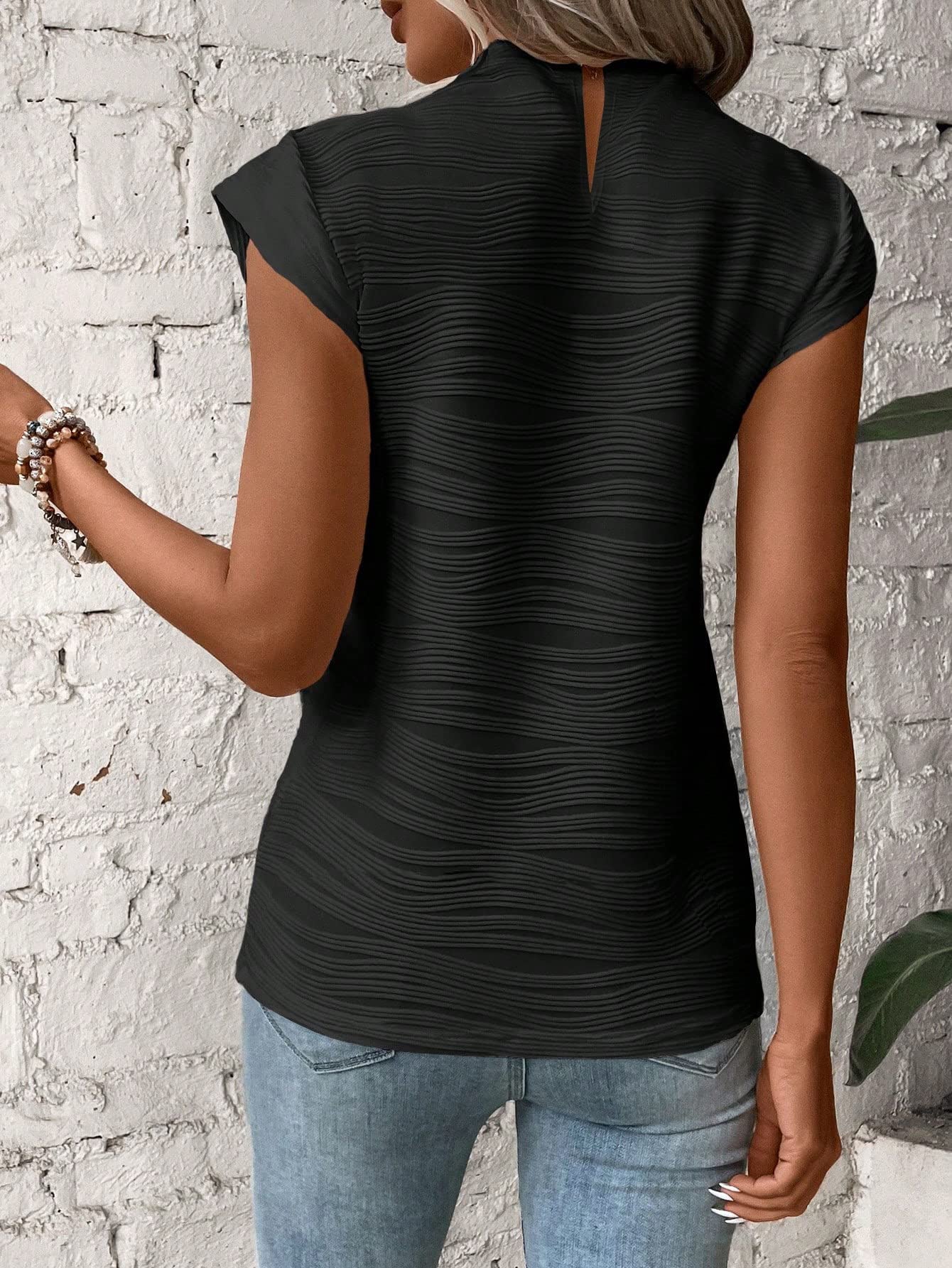Textured Wavy Stripe Button Semi-Turtleneck Top