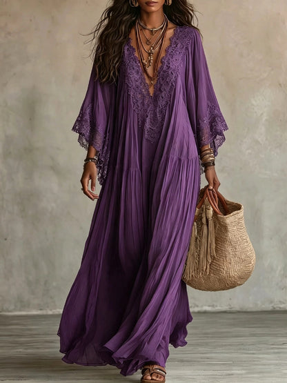 Women's Boho Lace Chiffon Long Sleeve Maxi Dress