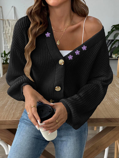 Women's Flower Embroidery Short Button Cardigan Jacket Sweater