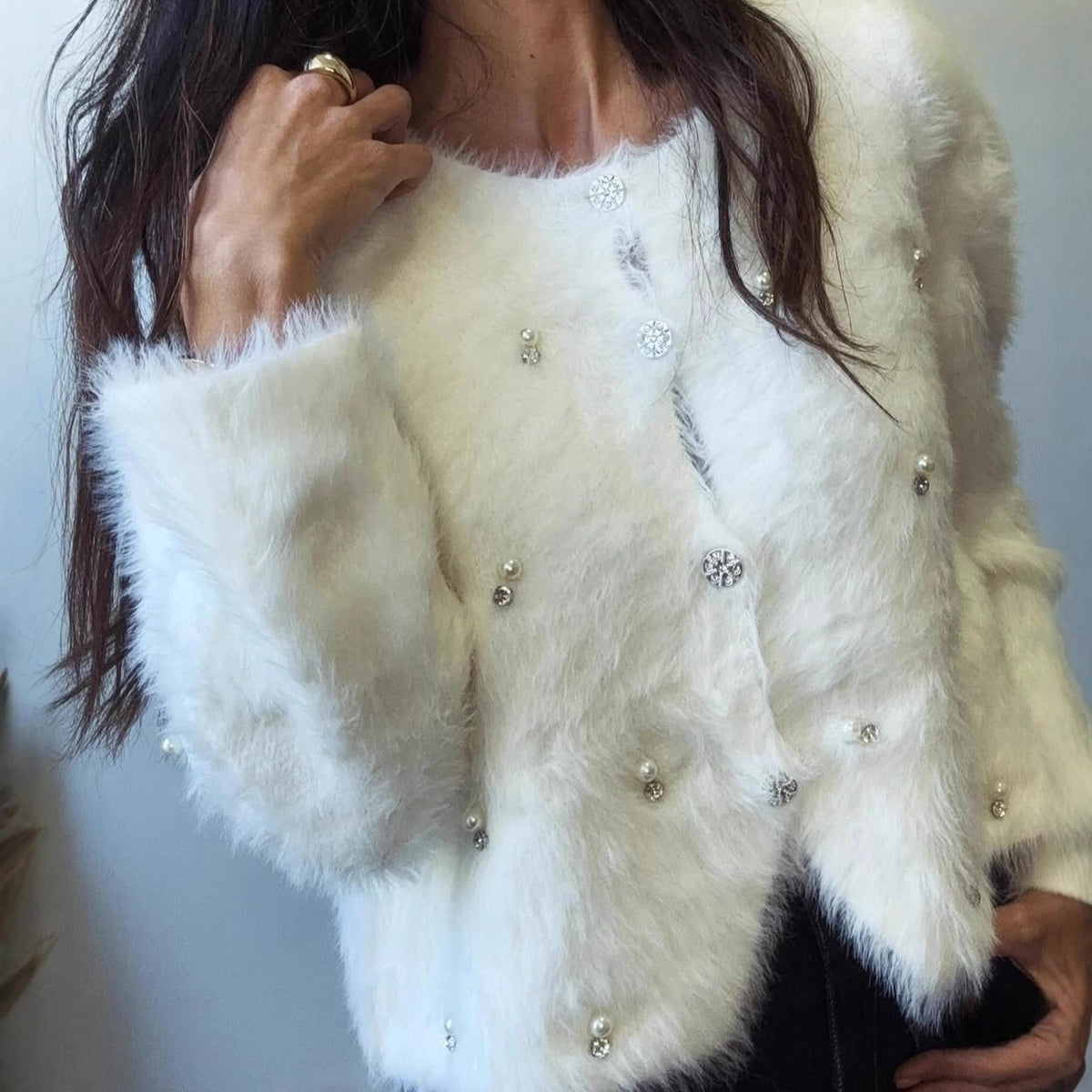 Women's Fuzzy Pearl Embellished Cropped Cardigan Sweater