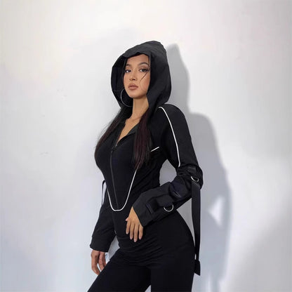 Women Hooded Cut Out Bodysuit Long Sleeve Streetwear