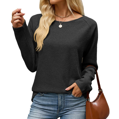 Soft Waffle Knit Crewneck Long Sleeve Relaxed Fit Tee