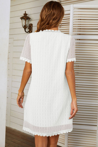 V-Neck Polka Dot Lace Dress, Casual Short Sleeve