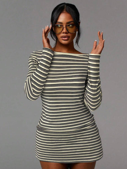 Striped Mesh Mini Dress Long Sleeve Bodycon Boat Neck