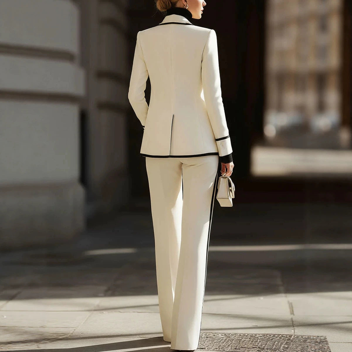 Women's Contrast Trim Blazer Wide Leg Pants Suit Set