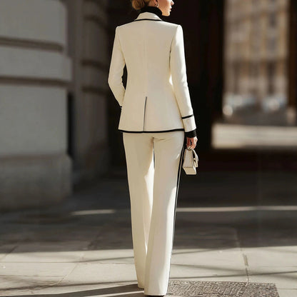 Women's Contrast Trim Blazer Wide Leg Pants Suit Set
