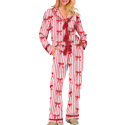 Women's Striped Bow Pajama Set Cotton Long Sleeve Pants