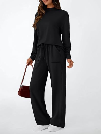 Women's Solid Mock Neck Top & Wide Leg Pants Lounge Set