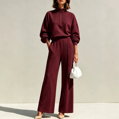Women's Half Zip Sweatshirt Wide Leg Pants Matching Set