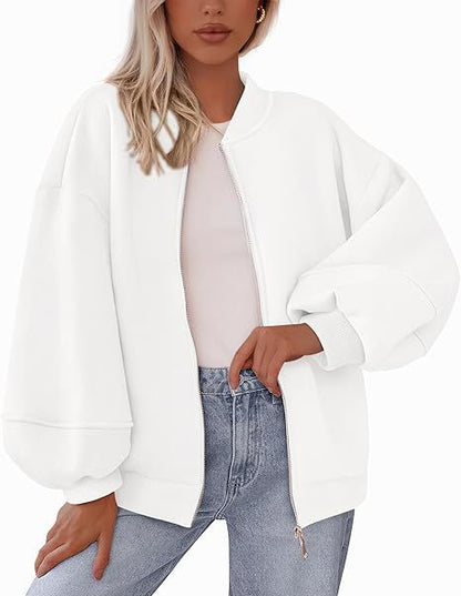 Women's Oversized Zip Up Bomber Jacket Lantern Sleeve
