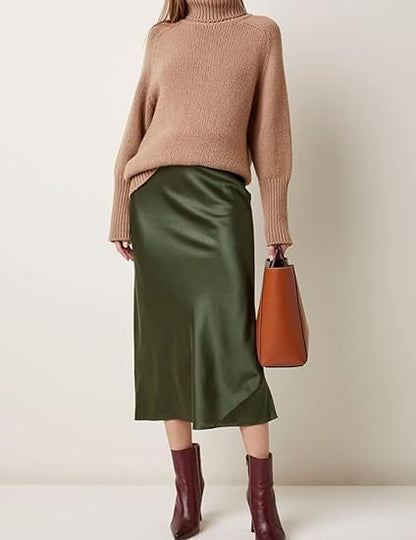 Women's Satin High-Waist Midi Skirt – Elegant Summer Slip Skirt