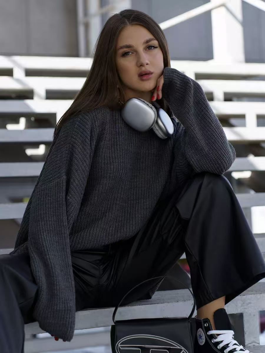 Women's Oversized Crew Neck Knit Sweater Balloon Sleeve
