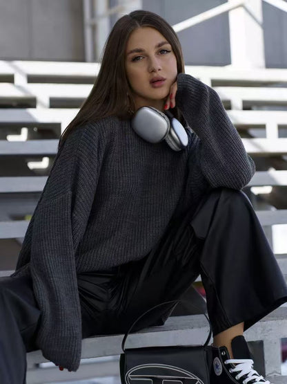 Women's Oversized Crew Neck Knit Sweater Balloon Sleeve