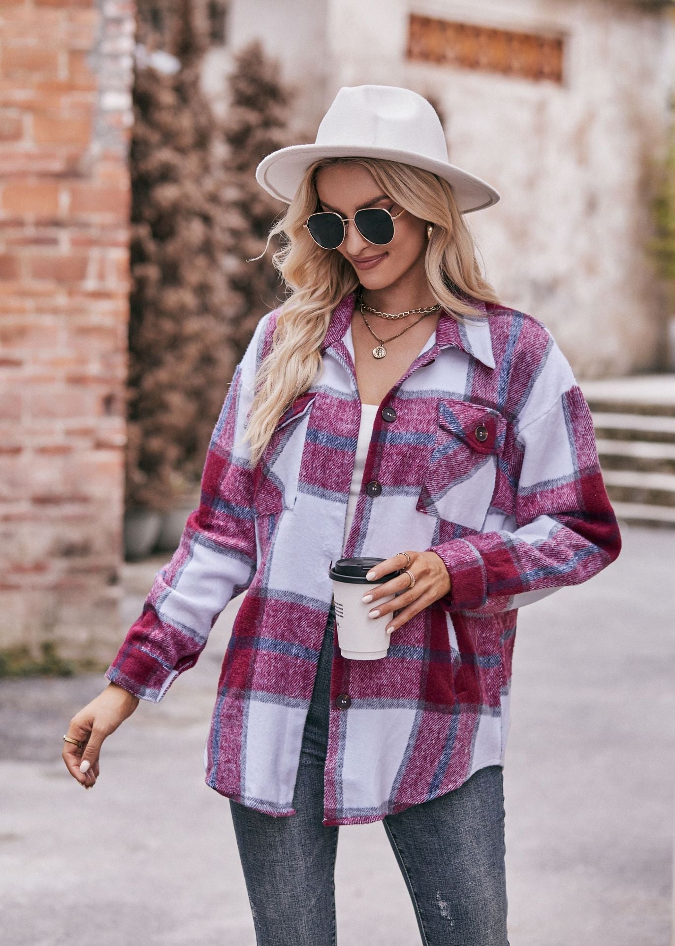 Plaid Flannel Shacket Button Front Pocket Oversized Jacket