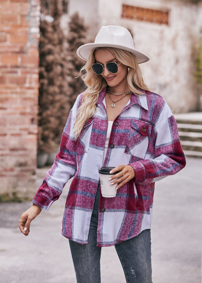 Plaid Flannel Shacket Button Front Pocket Oversized Jacket