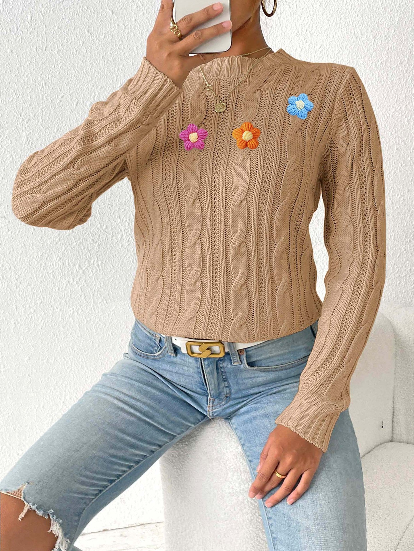 Crochet Flower Cable Knit Sweater | Cozy Fall/Winter Top