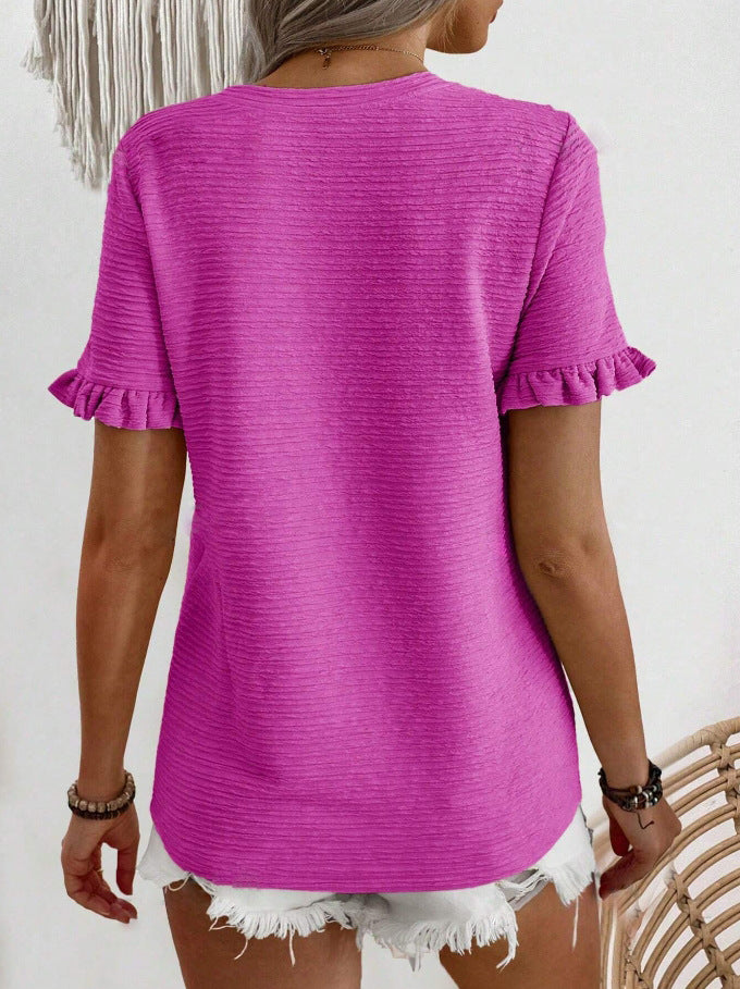 Women’s Ruffle Sleeve Textured Round Neck Casual Top